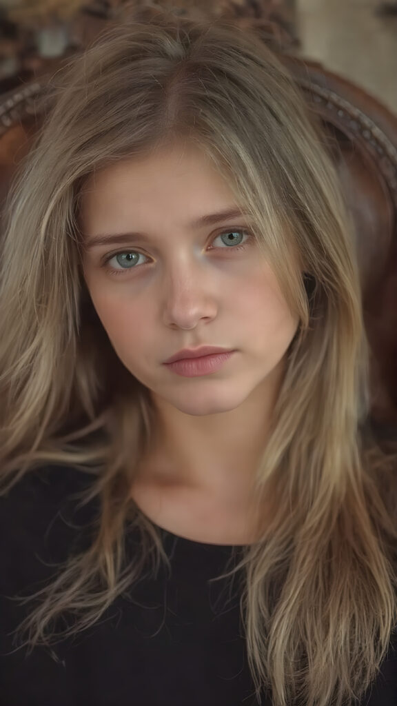 a (((beautiful young girl))), with flowing, straight blond hair framing her face, which is defined by its delicate features like a small nose and soft, full lips, in a luxurious, elegant ((chair)), adorned with rich leather details and intricate stitching. The chair is poised elegantly, giving off a sense of opulence and comfort