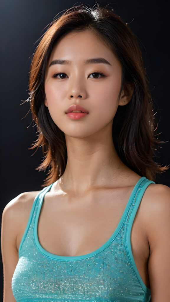 a (((beautiful young Asian teen girl))), clad in a (((tank top))), with delicate features and (full, kissable lips), she closed her eyes and opened her mouth, ((upper body)) (perfect curved body) ((black background)) 4k