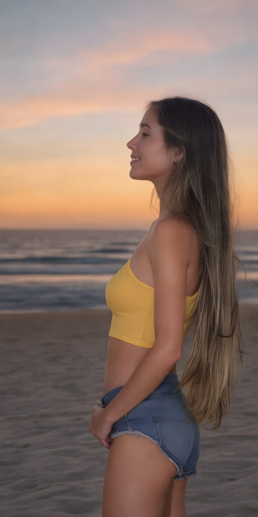 a beautiful, breathtaking, slender, vividly drawn young girl, with long straight (brown) hair, stand on the fine sand of a beautifully depicted beach at dusk on a summer evening. She is wearing a tight tank top in bright yellow and cotton blue, paired with short denim jeans. Her posture exudes joy and vitality, as she gazes out towards the (sunset-filled sky). The scene captures her in a side profile, highlighting her ((perfectly proportioned figure)), with intricate details that make her appear both serene and dynamic