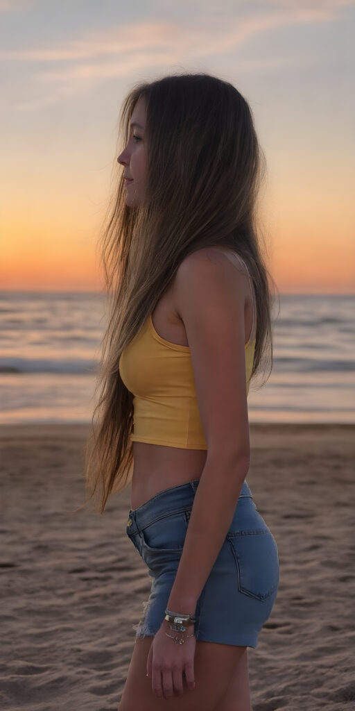 a beautiful, breathtaking, slender, vividly drawn young girl, with long straight (brown) hair, stand on the fine sand of a beautifully depicted beach at dusk on a summer evening. She is wearing a tight tank top in bright yellow and cotton blue, paired with short denim jeans. Her posture exudes joy and vitality, as she gazes out towards the (sunset-filled sky). The scene captures her in a side profile, highlighting her ((perfectly proportioned figure)), with intricate details that make her appear both serene and dynamic