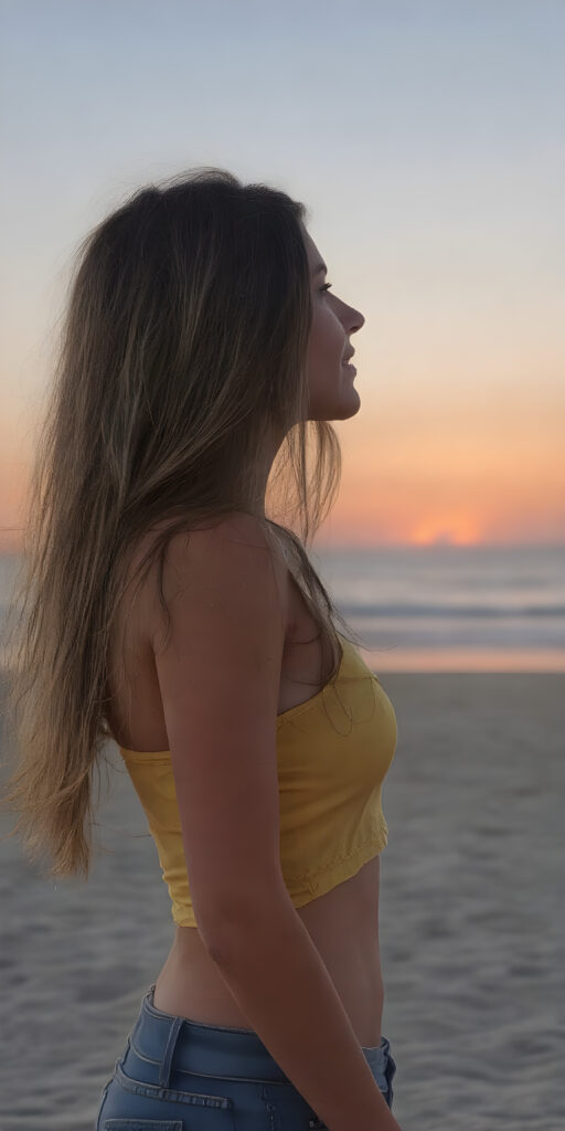 a beautiful, breathtaking, slender, vividly drawn young girl, with long straight (brown) hair, stand on the fine sand of a beautifully depicted beach at dusk on a summer evening. She is wearing a tight tank top in bright yellow and cotton blue, paired with short denim jeans. Her posture exudes joy and vitality, as she gazes out towards the (sunset-filled sky). The scene captures her in a side profile, highlighting her ((perfectly proportioned figure)), with intricate details that make her appear both serene and dynamic