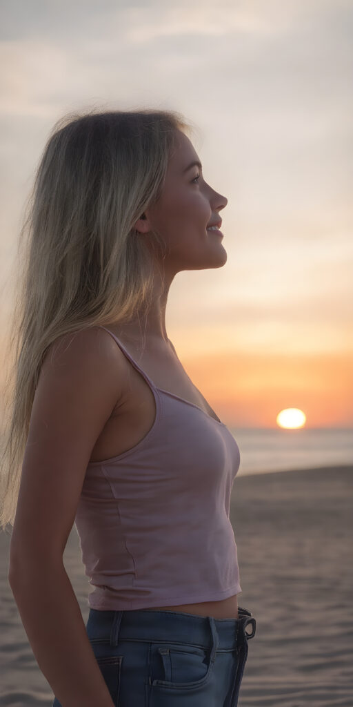 a beautiful, breathtaking, vividly drawn young girl, with long straight (platinum blond soft) hair, stand on the fine sand of a beautifully depicted beach at dusk on a summer evening. She is wearing a tight tank top, paired with short denim jeans. Her posture exudes joy and vitality, as she gazes out towards the (sunset-filled sky). The scene captures her in a side profile, highlighting her ((perfectly proportioned figure)), with intricate details that make her appear both serene and dynamic