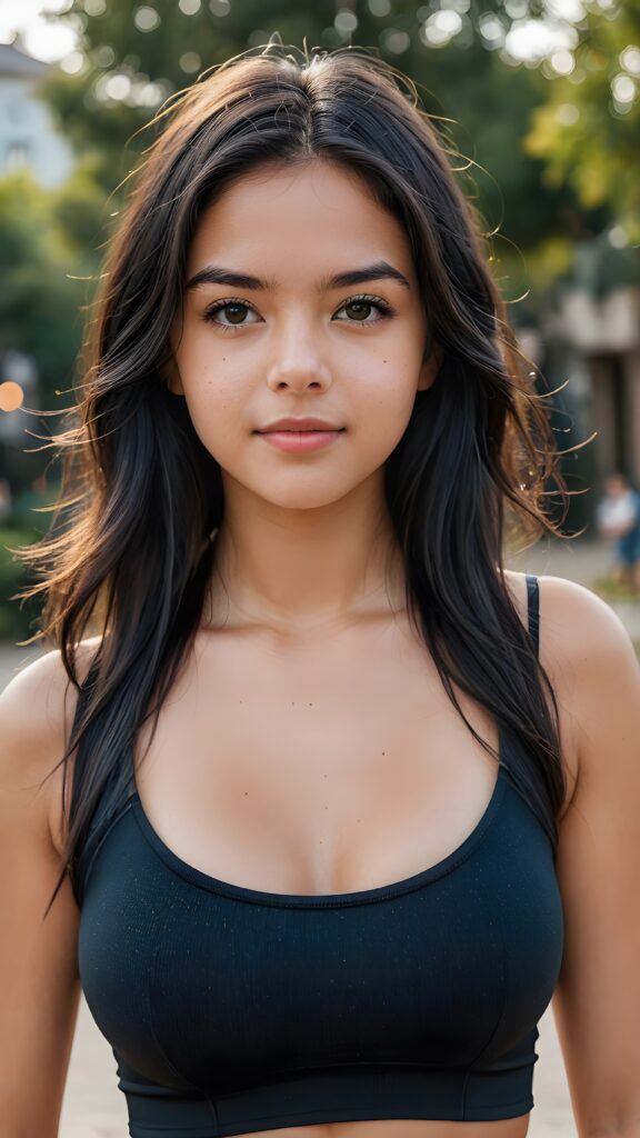 a beautiful busty teenage girl long radiant black hair, form-fitting plain sport top