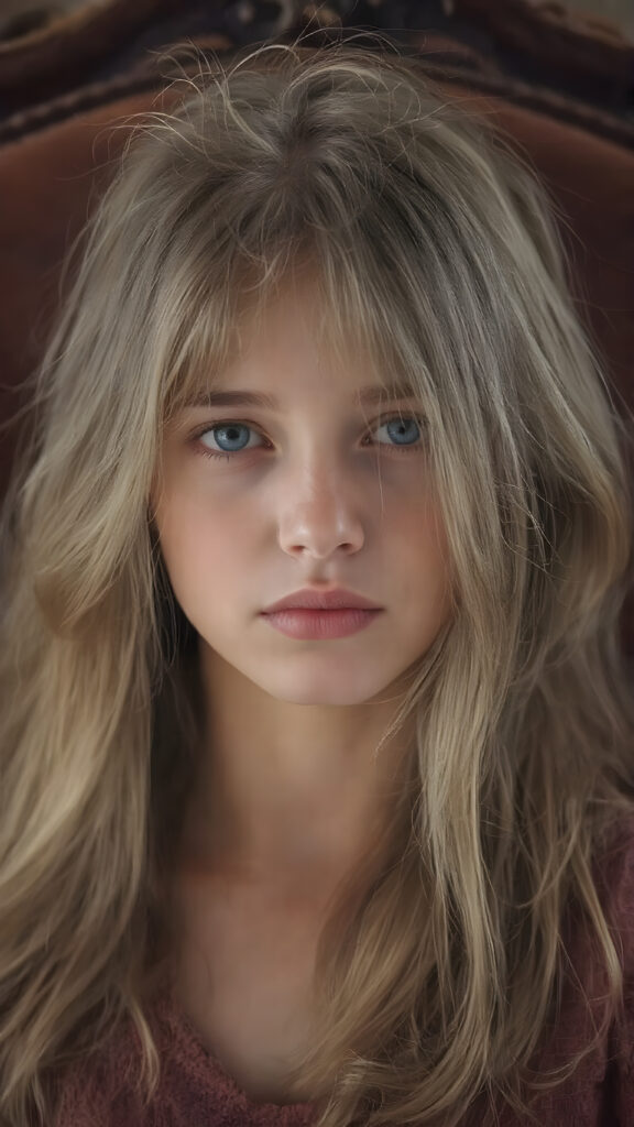 a (((beautiful young girl))), with flowing, straight blond hair framing her face, which is defined by its delicate features like a small nose and soft, full lips, in a luxurious, elegant ((chair)), adorned with rich leather details and intricate stitching. The chair is poised elegantly, giving off a sense of opulence and comfort