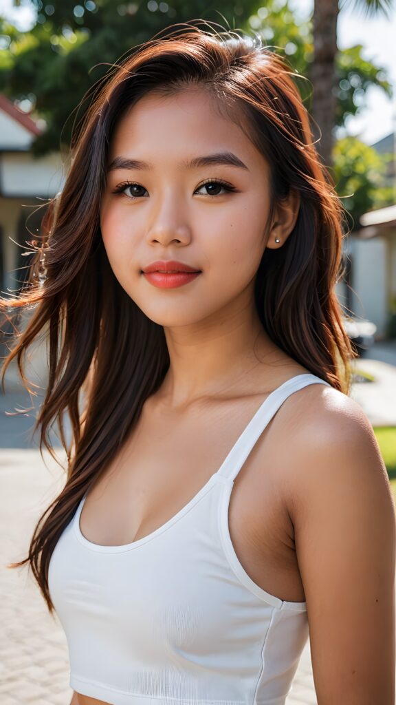 a beautiful (((filipino teen girl, 15 years old))), with long, flowing (((hair))), styled in a sleek, shiny, straight haircut with sharp, defined (((full lips))), emitting an ethereal glow that complements her otherwise natural features, dressed in a (((white cropped tank top))), poised confidently in a classic, casual setting, with her loosely curled red lips and a warm smile that exude cuteness