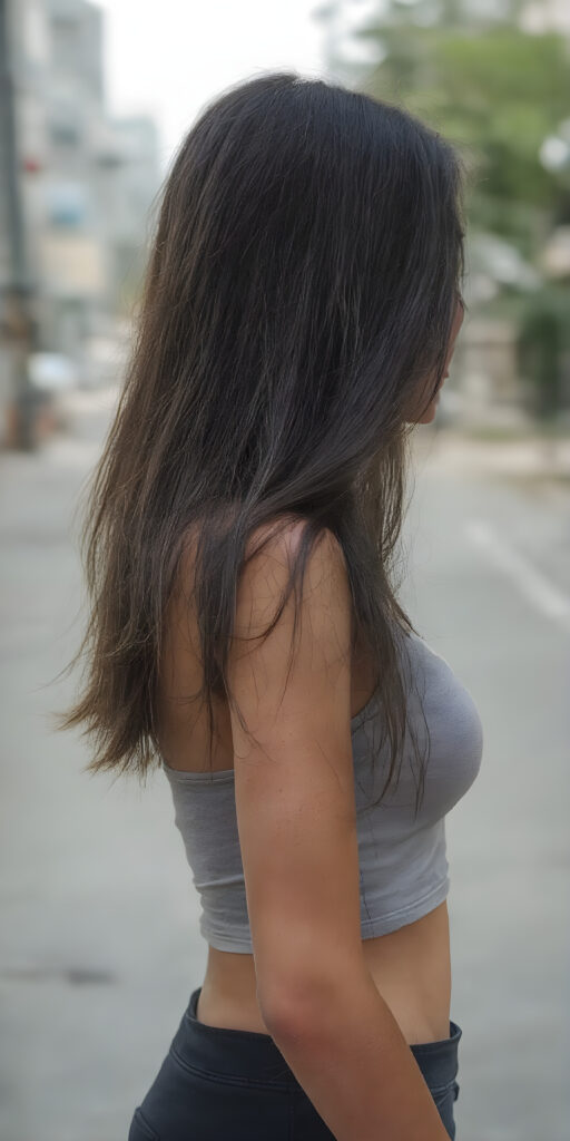 a (((beautiful young girl, perfect curved body))), with flowing, (((soft long straight obsidian black hair))). She is dressed in a sleek, (cropped short tank top, deep v-neck), photograph, stands in the street, side view