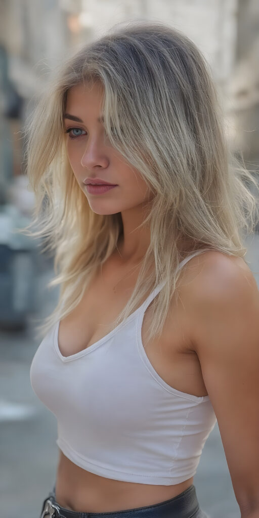 a (((beautiful young well busty girl, perfect curved body))), with flowing, (((soft long straight blond hair))). She is dressed in a sleek, (white cropped short tank top, deep v-neck), photograph, stands in the street, side view