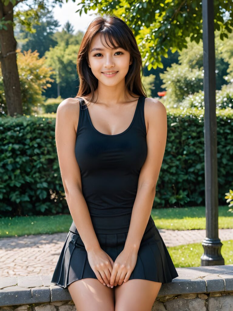 a (((beautiful slim seductive very busty young tanned girl))), aged 16, with long, straight, black soft jet hair, bangs cut, and delicate, pale skin, wearing a (((very deep black neckline tank top and short round mini skirt))), sitting confidently on a sunny day in a parc, smile, with a playful expression and a tan glow