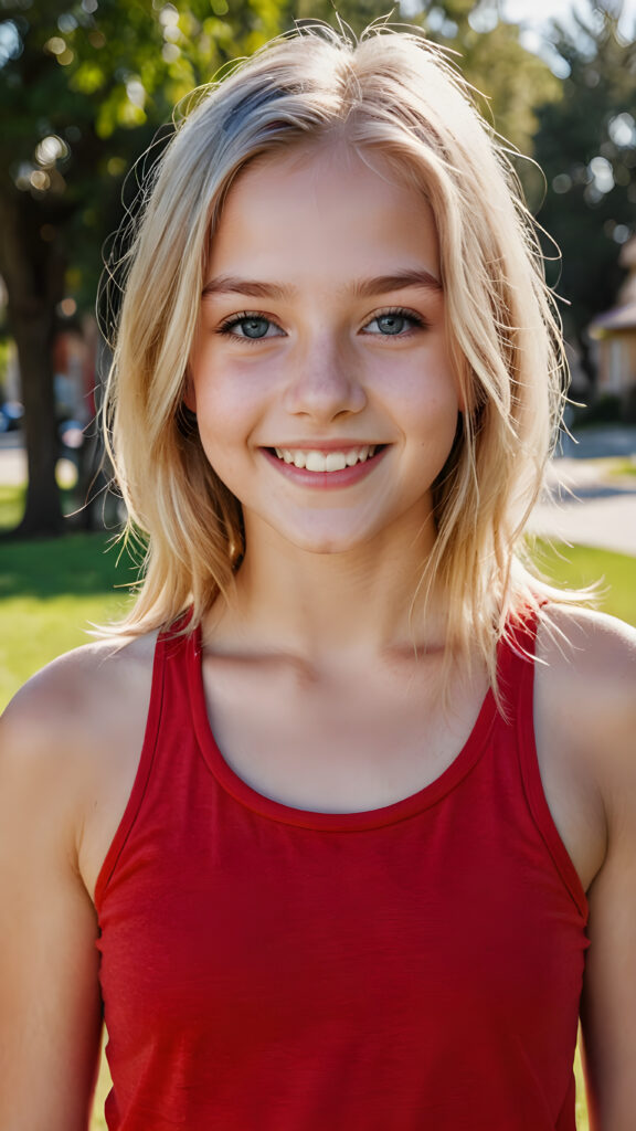 a (((beautiful teenage girl))), 13 years old, long, straight, soft, platinum blond hair, almond-shaped face, big blue eyes, ((delicate)) ((elegant)) ((well-defined)) nose, ((pale)) skin, (((smiling))) with ((perfect teeth)), wearing a ((solid red plain fitness tank top))