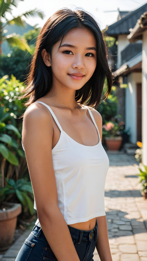 a beautiful (((Indonesian teen girl, 13 years old))), with long, jet soft (((black hair))), styled in a sleek, shiny, straight haircut with sharp, defined (((full lips))), emitting an ethereal glow that complements her otherwise natural features, dressed in a (((white plain short cropped tank top))), you can see her navel, she radiates pure joy, smile, perfect white teeth, against a sunny backdrop