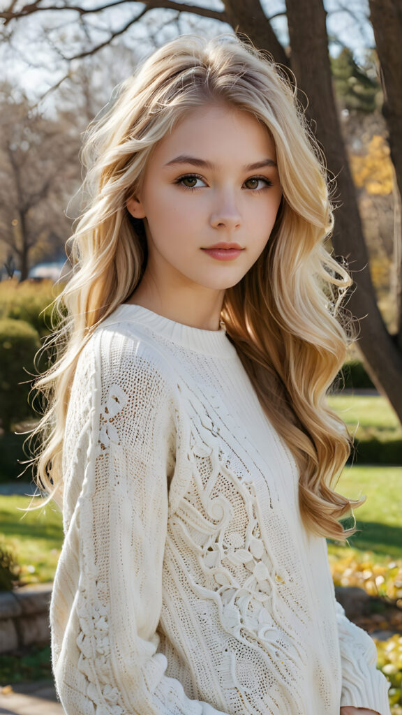 a (((beautiful teen girl with long, blond soft hair and brown eyes))), who exudes a distinct (((sharpness))), coupled with (((pale skin))) and (((vividly hued lips))) that curve into a (((wavy hairstyle))), dressed in a (((white sweater))), adorned with delicate, intricate patterns that reflect the (sunny park) backdrop