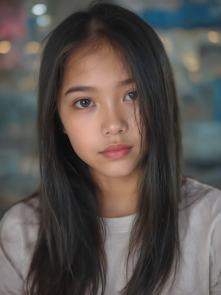 a beautiful close-up portrait of a young and pretty teen girl. She has an angelic face and long, straight black hair, ((detailed)) ((stunning)) ((gorgeous)), perfect light, realistic shadows