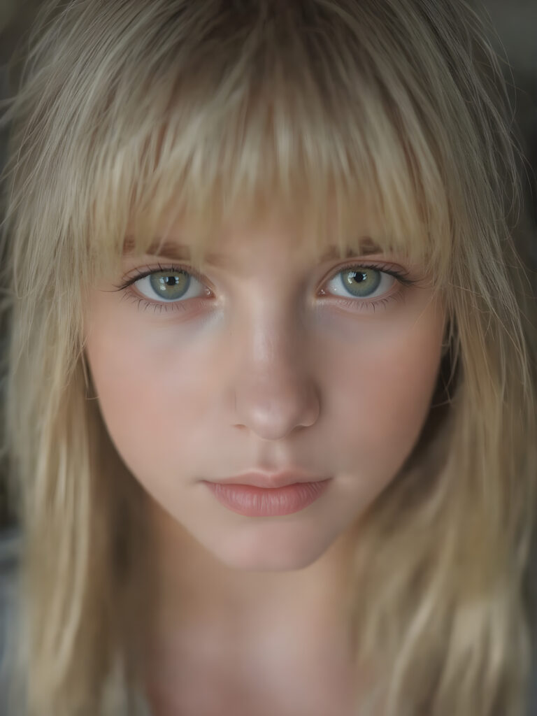 a beautiful close-up portrait of a young and pretty teen girl, 15 years old. She has an angelic face and long, straight ((platinum blond hair)) in bangs cut, (light brown eyes)), ((detailed)) ((stunning)) ((gorgeous)), perfect light, realistic shadows