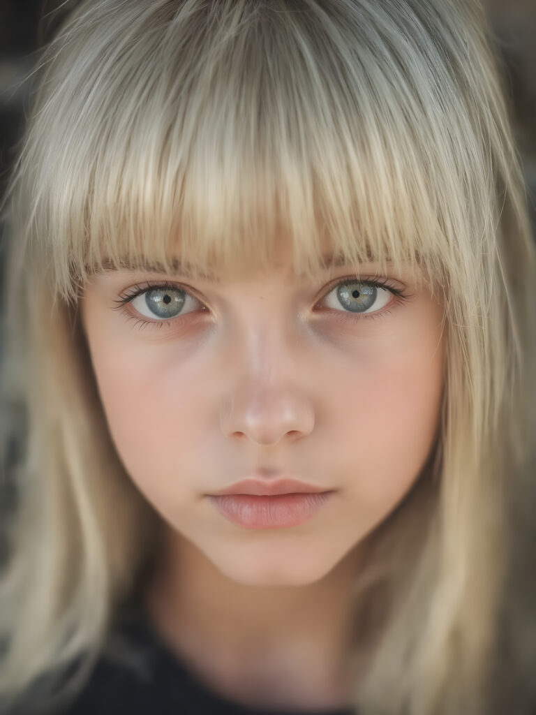 a beautiful close-up portrait of a young and pretty teen girl, 15 years old. She has an angelic face and long, straight ((platinum blond hair)) in bangs cut, (light brown eyes)), ((detailed)) ((stunning)) ((gorgeous)), perfect light, realistic shadows