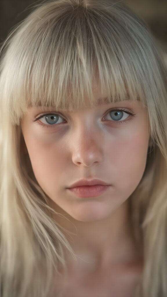 a beautiful close-up portrait of a young and pretty Exotic teen girl, 15 years old. She has an angelic face and long, straight ((platinum blond hair)) in bangs cut, (light brown eyes)), ((detailed)) ((stunning)) ((gorgeous)), perfect light, realistic shadows