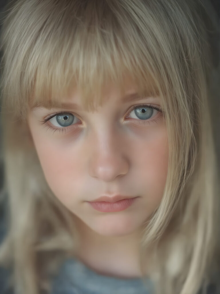 a beautiful close-up portrait of a young, innocent and pretty teen girl, 13 years old. She has an angelic face and long, straight ((platinum blond hair)) in bangs cut, (light brown eyes)), ((detailed)) ((stunning)) ((gorgeous)), perfect light, realistic shadows