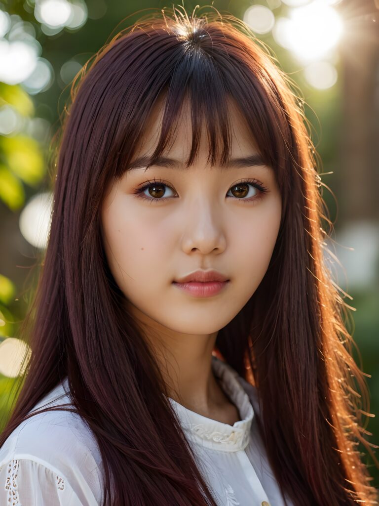 a beautiful close-up portrait of a young and pretty Oriental teen girl, 15 years old. She has an angelic face and long, straight ((maroon hair)) in bangs cut, full lips, (light brown eyes)), ((detailed)) ((stunning)) ((gorgeous)), perfect light, realistic shadows