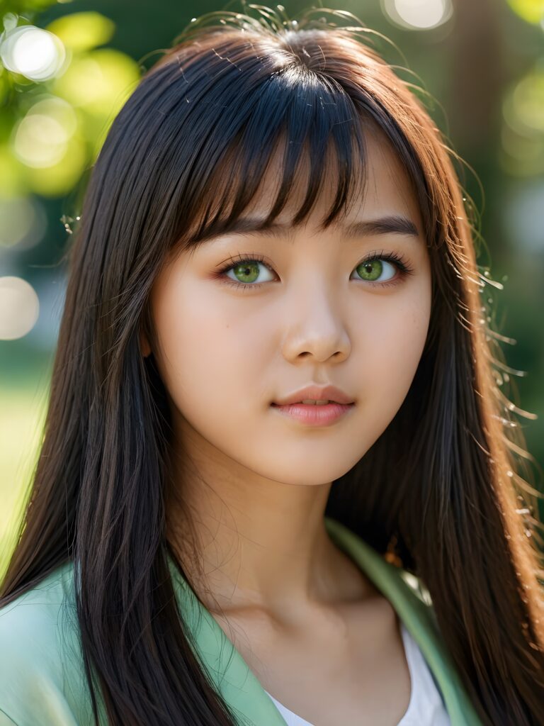 a beautiful close-up portrait of a young and pretty Asian teen girl, 15 years old. She has an angelic face and long, straight hair in bangs cut, (light green eyes)), ((detailed)) ((stunning)) ((gorgeous)), perfect light, realistic shadows