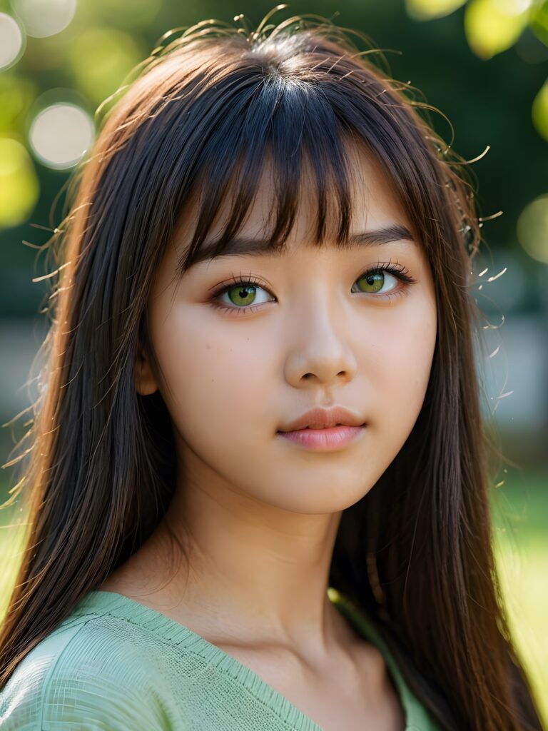 a beautiful close-up portrait of a young and pretty Asian teen girl, 15 years old. She has an angelic face and long, straight hair in bangs cut, (light green eyes)), ((detailed)) ((stunning)) ((gorgeous)), perfect light, realistic shadows