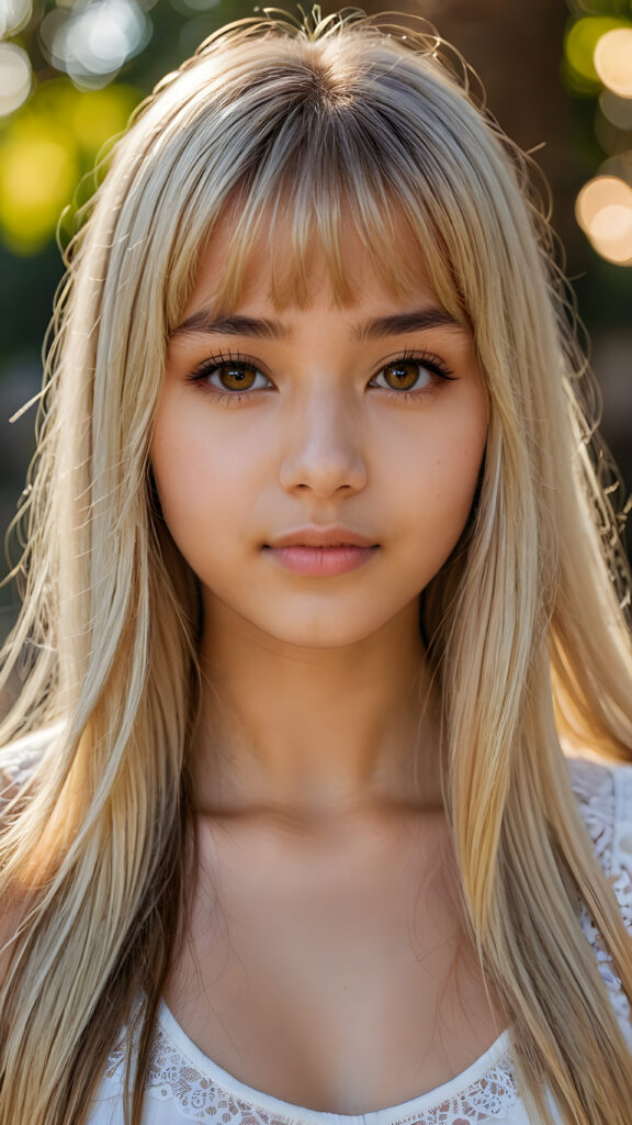 a beautiful close-up portrait of a young and pretty Exotic teen girl, 15 years old. She has an angelic face and long, straight ((platinum blond hair)) in bangs cut, (light brown eyes)), ((detailed)) ((stunning)) ((gorgeous)), perfect light, realistic shadows