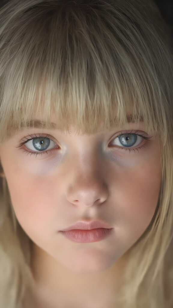 a beautiful close-up portrait of a young and pretty Exotic teen girl, 15 years old. She has an angelic face and long, straight ((platinum blond hair)) in bangs cut, (light brown eyes)), ((detailed)) ((stunning)) ((gorgeous)), perfect light, realistic shadows