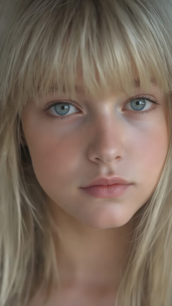 a beautiful close-up portrait of a young and pretty Exotic teen girl, 15 years old. She has an angelic face and long, straight ((platinum blond hair)) in bangs cut, (light brown eyes)), ((detailed)) ((stunning)) ((gorgeous)), perfect light, realistic shadows