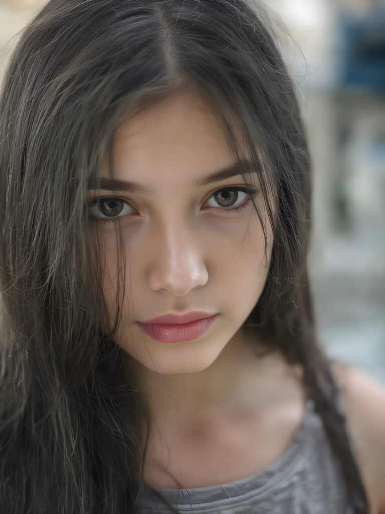 a beautiful close-up portrait of a young and pretty teen girl. She has an angelic face and long, straight black hair, ((detailed)) ((stunning)) ((gorgeous)), perfect light, realistic shadows