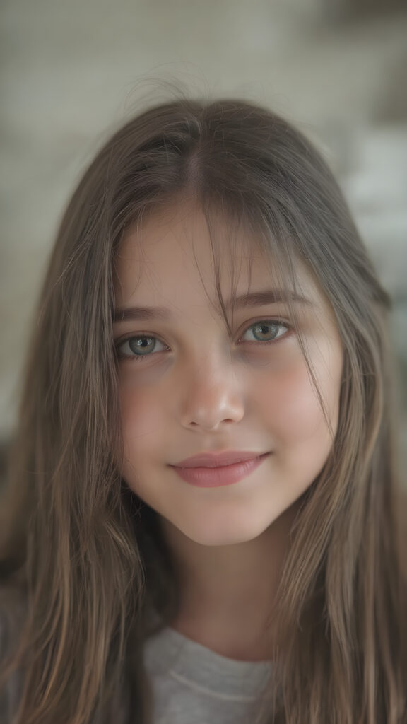 a beautiful close-up portrait of a young and pretty teen girl. She has an angelic round face and long, straight brown hair, amber detailed eyes, ((detailed)) ((stunning)) ((gorgeous)), perfect light, realistic shadows, she smile very happy