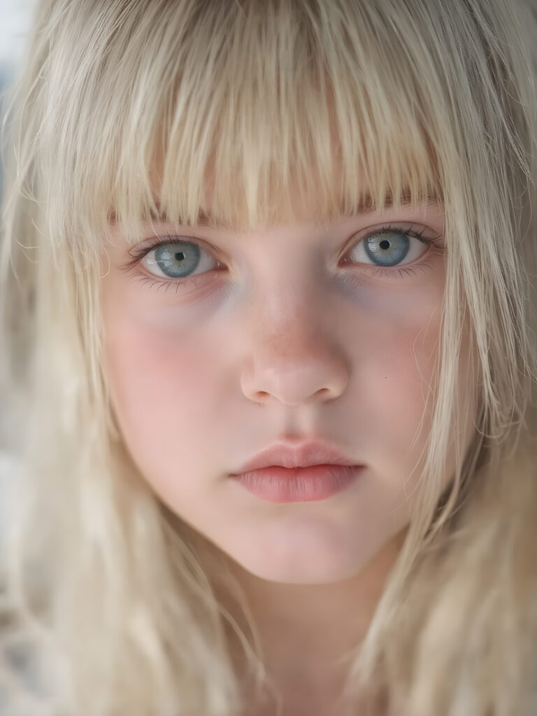 a beautiful close-up portrait of a young, innocent and pretty teen girl, 13 years old. She has an angelic face and long, straight ((platinum blond hair)) in bangs cut, (light brown eyes)), ((detailed)) ((stunning)) ((gorgeous)), perfect light, realistic shadows