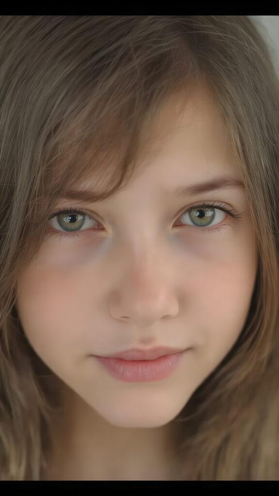 a beautiful close-up portrait of a young and pretty teen girl. She has an angelic round face and long, straight brown hair, amber detailed eyes, ((detailed)) ((stunning)) ((gorgeous)), perfect light, realistic shadows, she smile very happy