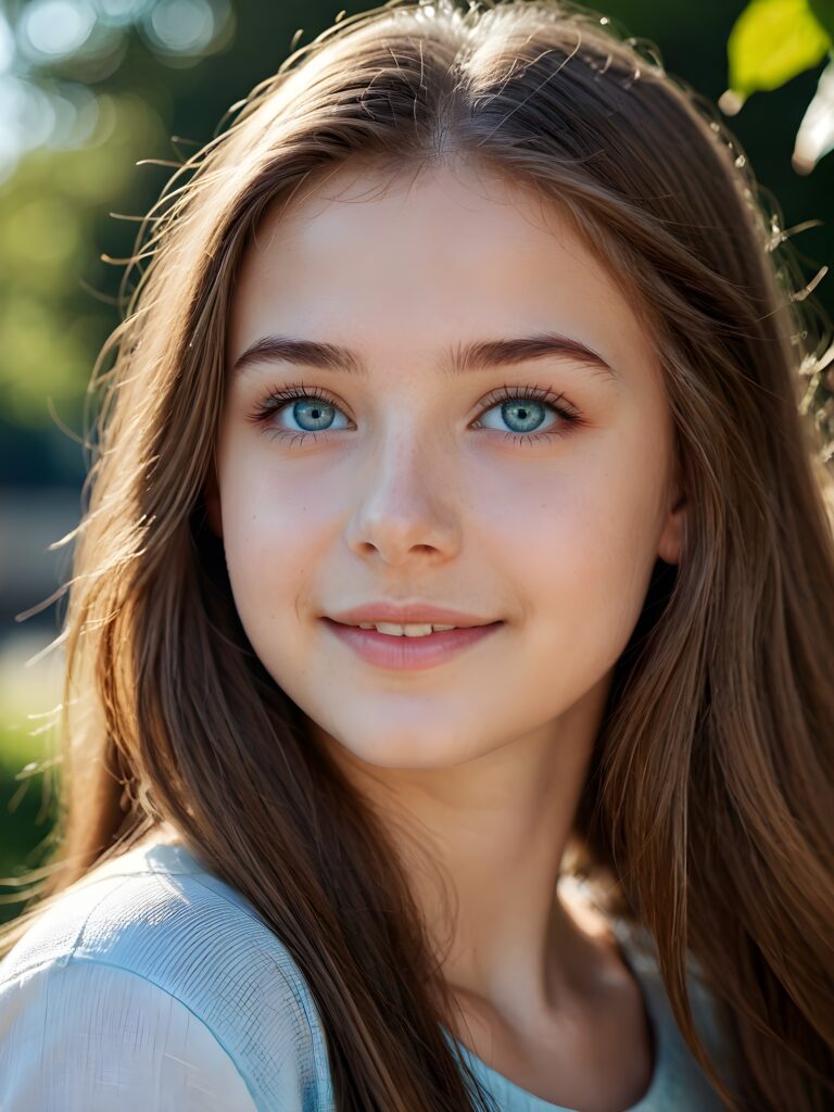 a beautiful close-up portrait of a young and pretty teen girl, 15 years old. She has an angelic face and long, straight brown hair, (light blue eyes)) ((detailed)) ((stunning)) ((gorgeous)), perfect light, realistic shadows, smile, side view