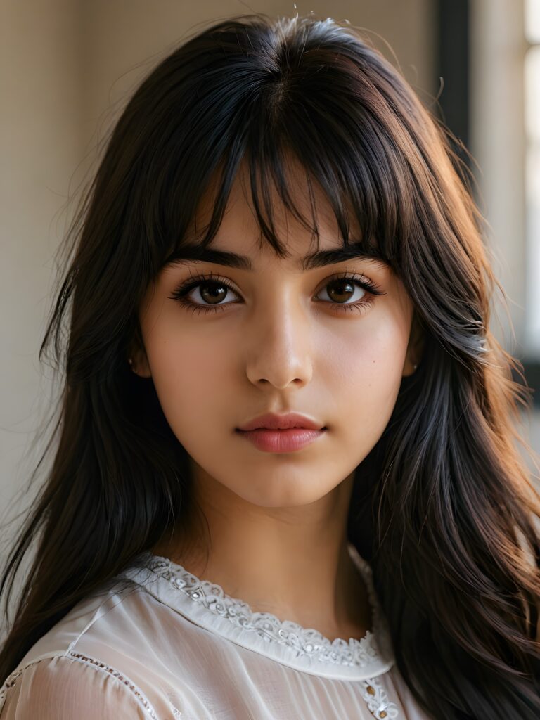 a beautiful close-up portrait of a young and pretty Persian teen girl, 15 years old. She has an angelic face and long, ((dark hair)) in bangs cut, full lips, (light dark eyes)), ((detailed)) ((stunning)) ((gorgeous)), perfect light, realistic shadows, light empty background