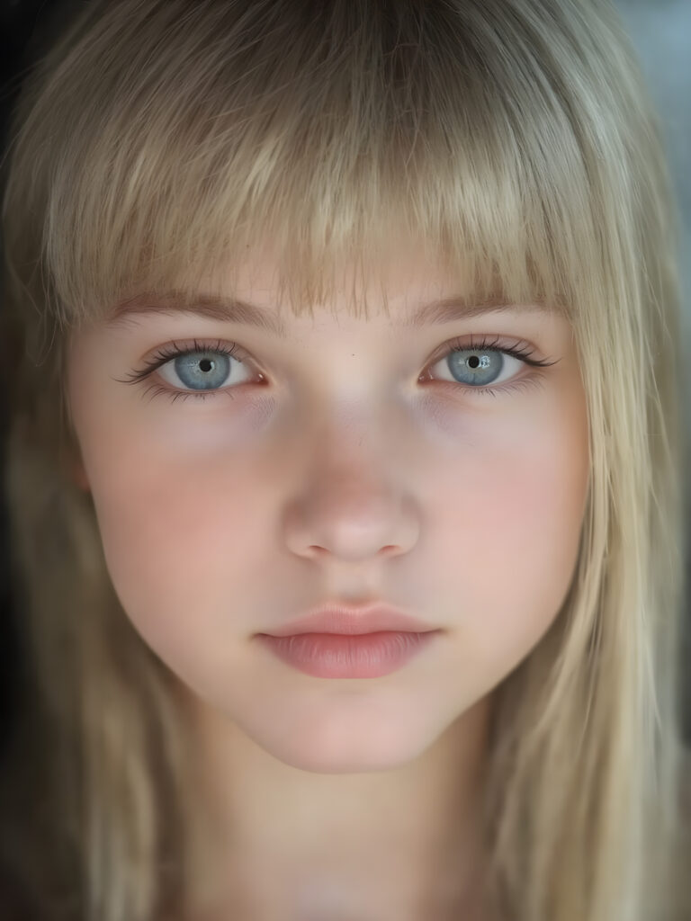 a beautiful close-up portrait of a young and pretty teen girl, 15 years old. She has an angelic face and long, straight ((platinum blond hair)) in bangs cut, (light brown eyes)), ((detailed)) ((stunning)) ((gorgeous)), perfect light, realistic shadows