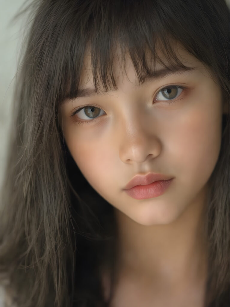 a beautiful close-up portrait of a young and pretty teen girl. She has an angelic face and long, straight black hair, ((detailed)) ((stunning)) ((gorgeous)), perfect light, realistic shadows