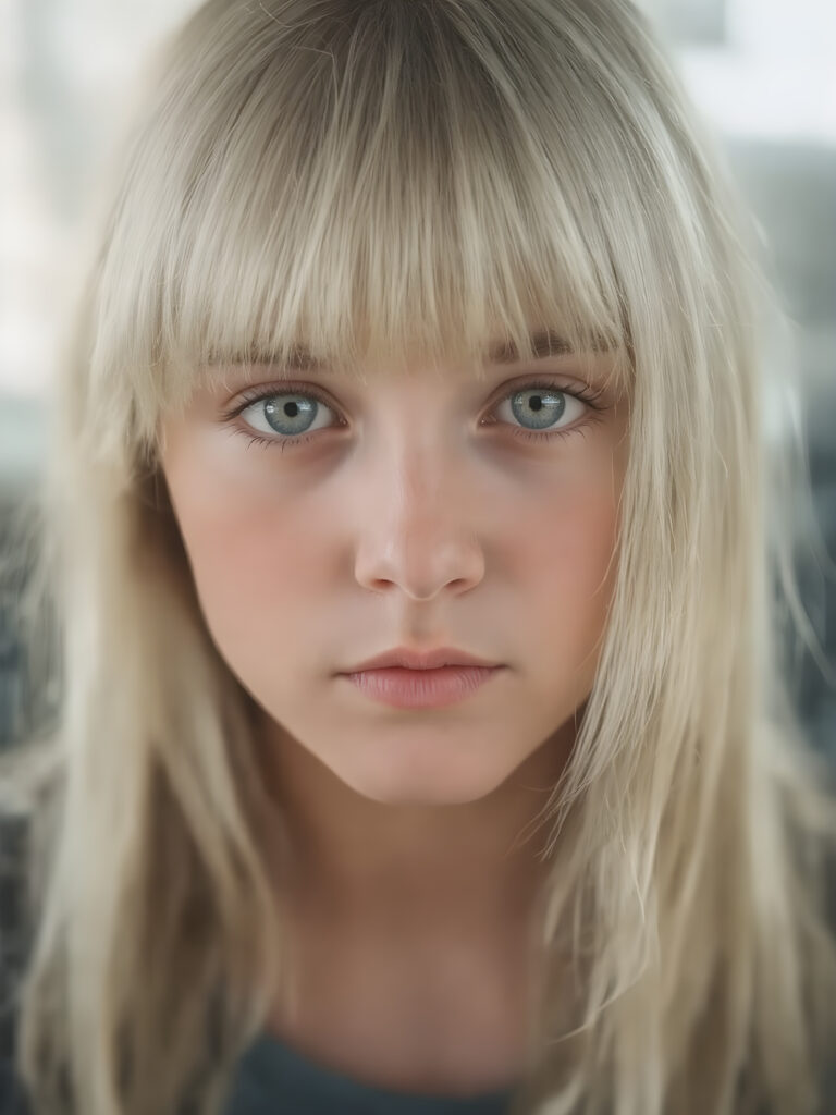 a beautiful close-up portrait of a young and pretty teen girl, 15 years old. She has an angelic face and long, straight ((platinum blond hair)) in bangs cut, (light brown eyes)), ((detailed)) ((stunning)) ((gorgeous)), perfect light, realistic shadows