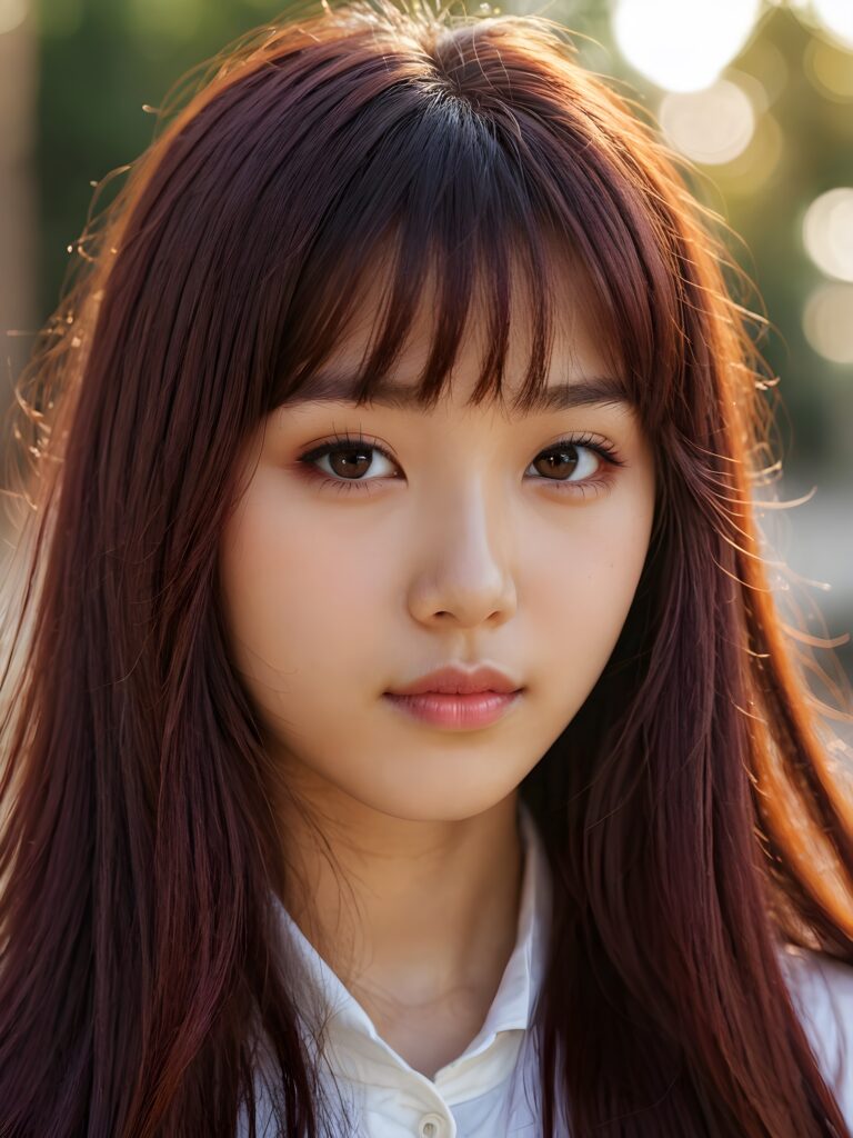 a beautiful close-up portrait of a young and pretty Oriental teen girl, 15 years old. She has an angelic face and long, straight ((maroon hair)) in bangs cut, full lips, (light brown eyes)), ((detailed)) ((stunning)) ((gorgeous)), perfect light, realistic shadows