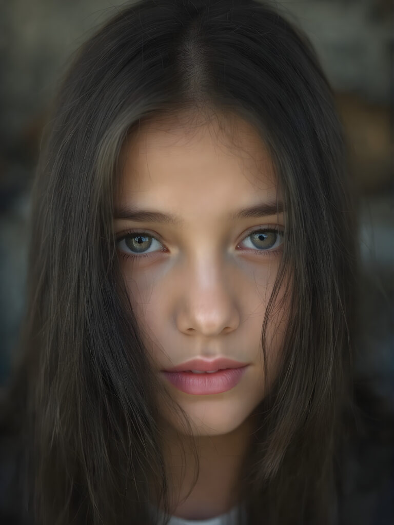 a beautiful close-up portrait of a young and pretty teen girl. She has an angelic face and long, straight black hair, ((detailed)) ((stunning)) ((gorgeous)), perfect light, realistic shadows