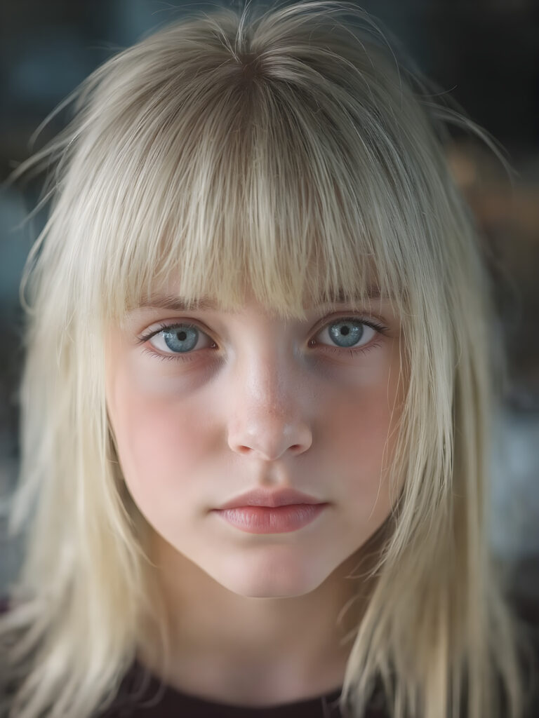 a beautiful close-up portrait of a young, innocent and pretty teen girl, 13 years old. She has an angelic face and long, straight ((platinum blond hair)) in bangs cut, (light brown eyes)), ((detailed)) ((stunning)) ((gorgeous)), perfect light, realistic shadows