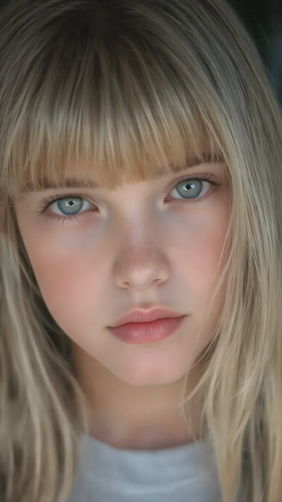 a beautiful close-up portrait of a young and pretty Exotic teen girl, 15 years old. She has an angelic face and long, straight ((platinum blond hair)) in bangs cut, (light brown eyes)), ((detailed)) ((stunning)) ((gorgeous)), perfect light, realistic shadows