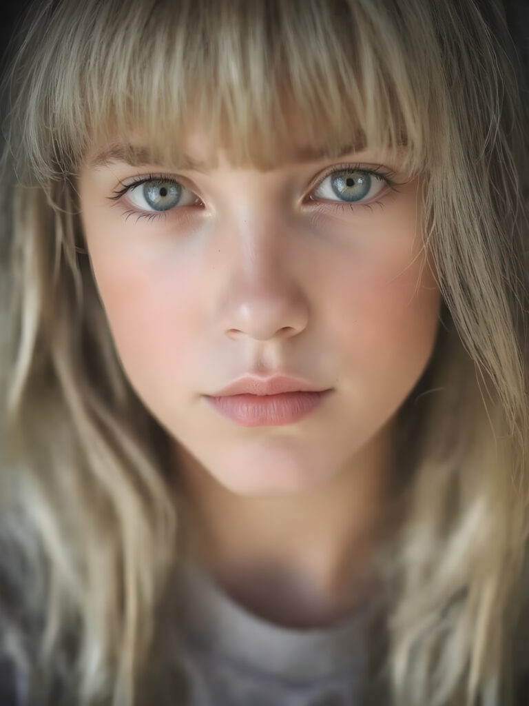 a beautiful close-up portrait of a young, innocent and pretty teen girl, 13 years old. She has an angelic face and long, straight ((platinum blond hair)) in bangs cut, (light brown eyes)), ((detailed)) ((stunning)) ((gorgeous)), perfect light, realistic shadows