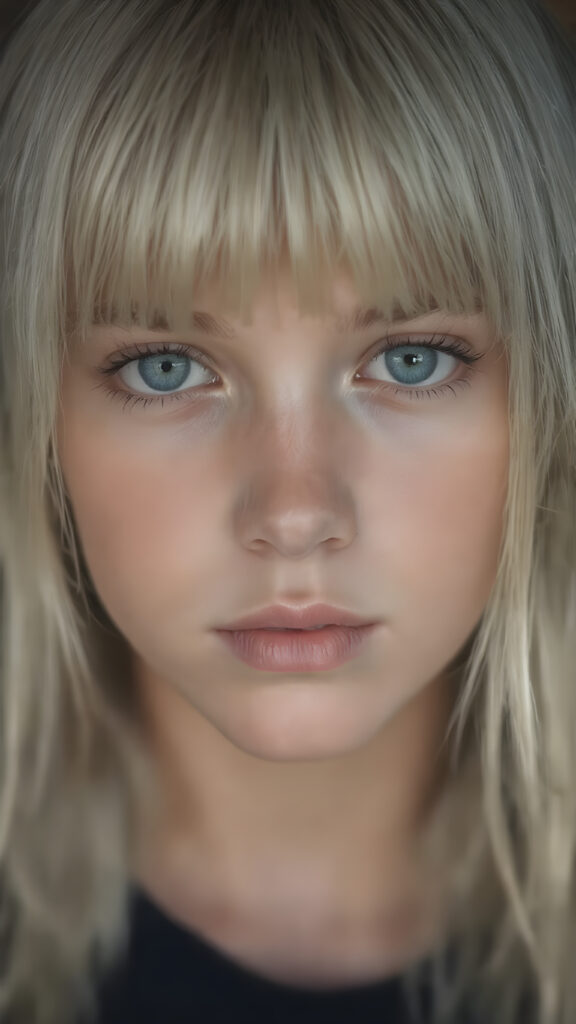 a beautiful close-up portrait of a young and pretty Exotic teen girl, 15 years old. She has an angelic face and long, straight ((platinum blond hair)) in bangs cut, (light brown eyes)), ((detailed)) ((stunning)) ((gorgeous)), perfect light, realistic shadows