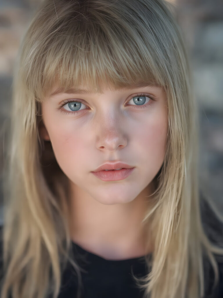 a beautiful close-up portrait of a young and pretty teen girl, 15 years old. She has an angelic face and long, straight ((platinum blond hair)) in bangs cut, (light brown eyes)), ((detailed)) ((stunning)) ((gorgeous)), perfect light, realistic shadows