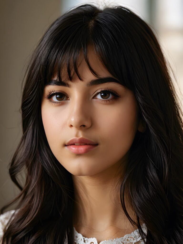 a beautiful close-up portrait of a young and pretty Persian teen girl, 15 years old. She has an angelic face and long, ((dark hair)) in bangs cut, full lips, (light dark eyes)), ((detailed)) ((stunning)) ((gorgeous)), perfect light, realistic shadows, light empty background