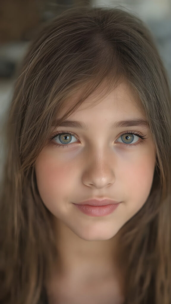 a beautiful close-up portrait of a young and pretty teen girl. She has an angelic round face and long, straight brown hair, amber detailed eyes, ((detailed)) ((stunning)) ((gorgeous)), perfect light, realistic shadows, she smile very happy