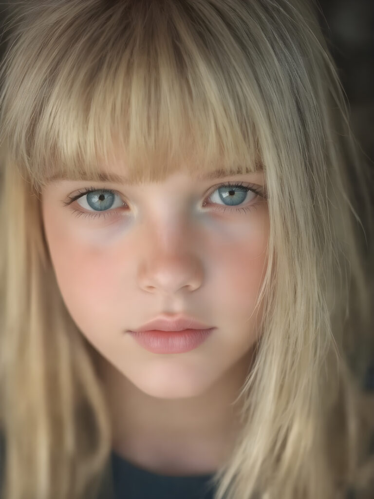 a beautiful close-up portrait of a young and pretty teen girl, 15 years old. She has an angelic face and long, straight ((platinum blond hair)) in bangs cut, (light brown eyes)), ((detailed)) ((stunning)) ((gorgeous)), perfect light, realistic shadows