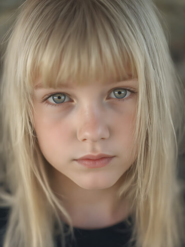 a beautiful close-up portrait of a young, innocent and pretty teen girl, 13 years old. She has an angelic face and long, straight ((platinum blond hair)) in bangs cut, (light brown eyes)), ((detailed)) ((stunning)) ((gorgeous)), perfect light, realistic shadows