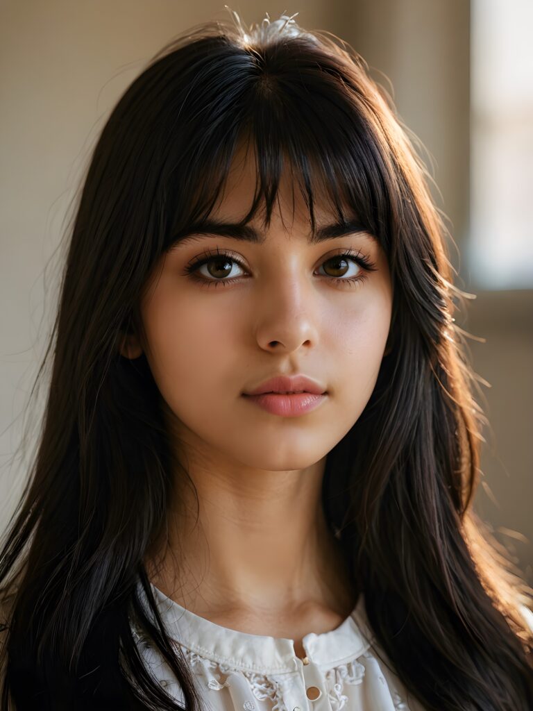 a beautiful close-up portrait of a young and pretty Persian teen girl, 15 years old. She has an angelic face and long, ((dark hair)) in bangs cut, full lips, (light dark eyes)), ((detailed)) ((stunning)) ((gorgeous)), perfect light, realistic shadows, light empty background