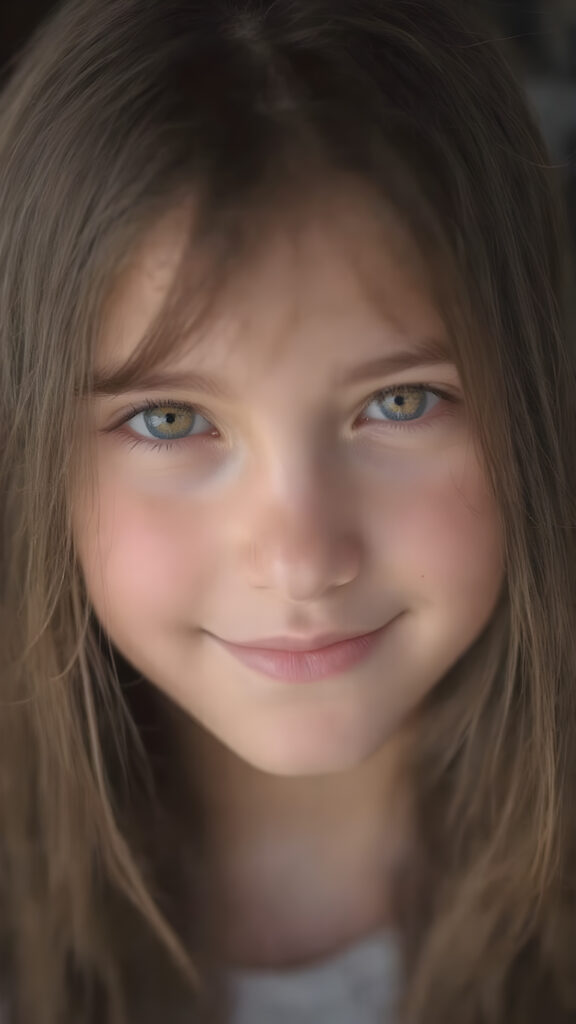 a beautiful close-up portrait of a young and pretty teen girl. She has an angelic round face and long, straight brown hair, amber detailed eyes, ((detailed)) ((stunning)) ((gorgeous)), perfect light, realistic shadows, she smile very happy