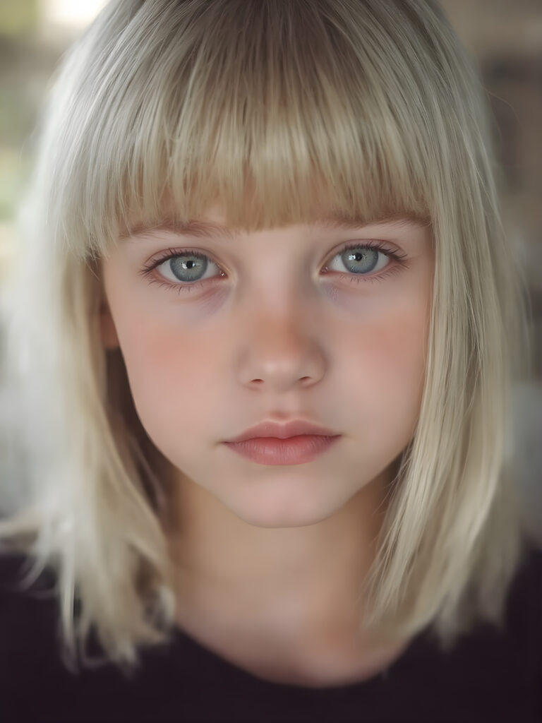 a beautiful close-up portrait of a young, innocent and pretty teen girl, 13 years old. She has an angelic face and long, straight ((platinum blond hair)) in bangs cut, (light brown eyes)), ((detailed)) ((stunning)) ((gorgeous)), perfect light, realistic shadows