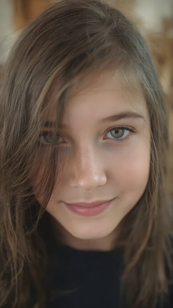 a beautiful close-up portrait of a young and pretty teen girl. She has an angelic round face and long, straight brown hair, amber detailed eyes, ((detailed)) ((stunning)) ((gorgeous)), perfect light, realistic shadows, she smile very happy